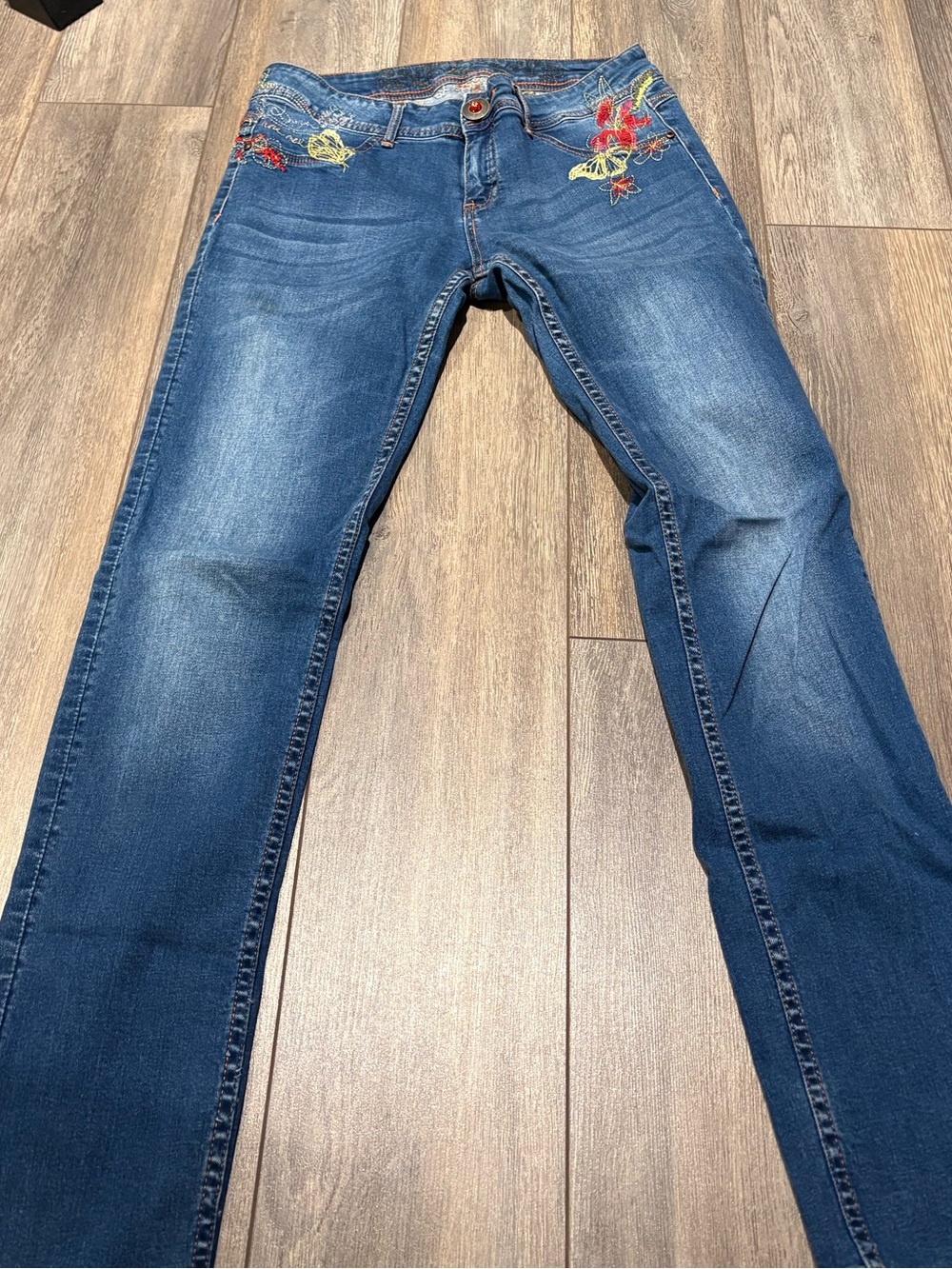 Desigual Blue Skinny Jeans with Floral Embroidery